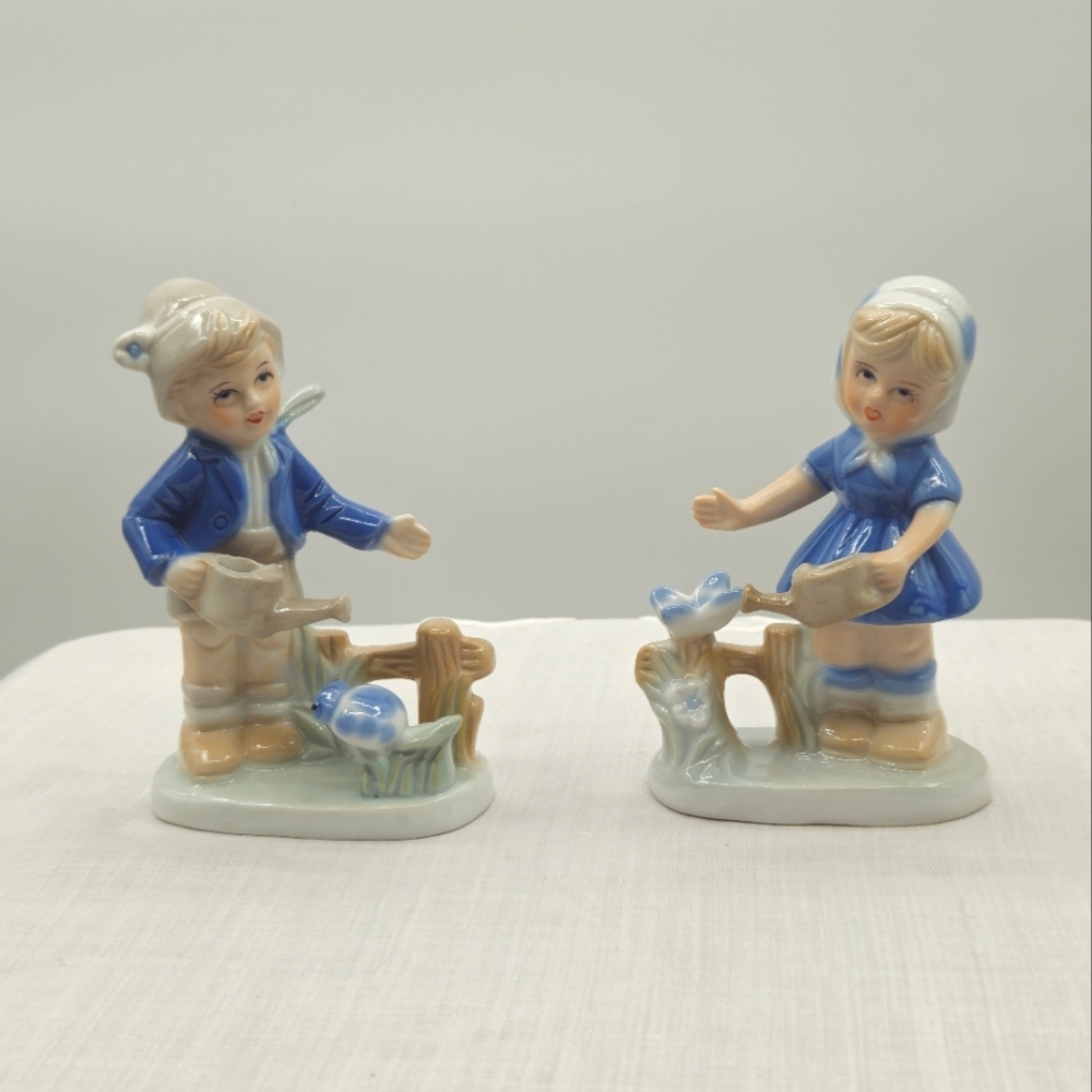 KPM Vintage‎ Boy & Girl Porcelain Figurines with Watering Cans Blue Accen…